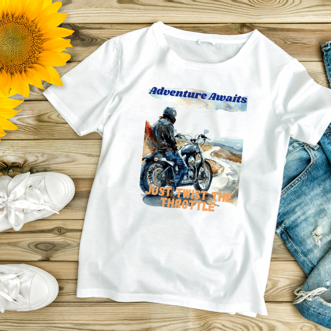 "Adventure Awaits" Unisex Biker T shirt