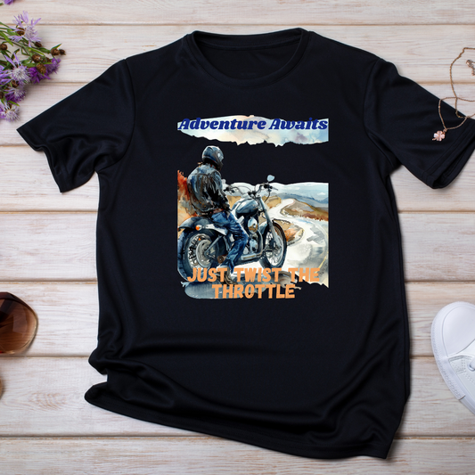 "Adventure Awaits" Unisex Biker T shirt