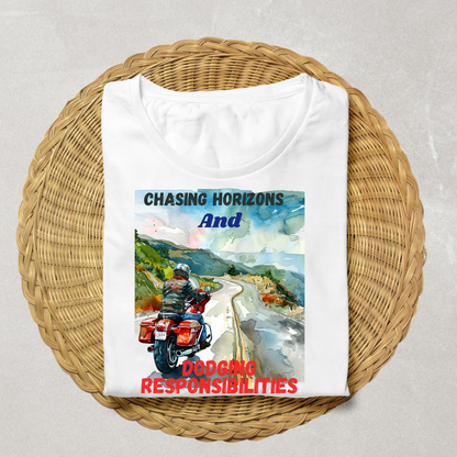 "Chasing Horizons and Dodging Responsibilities" Unisex Biker T shirt